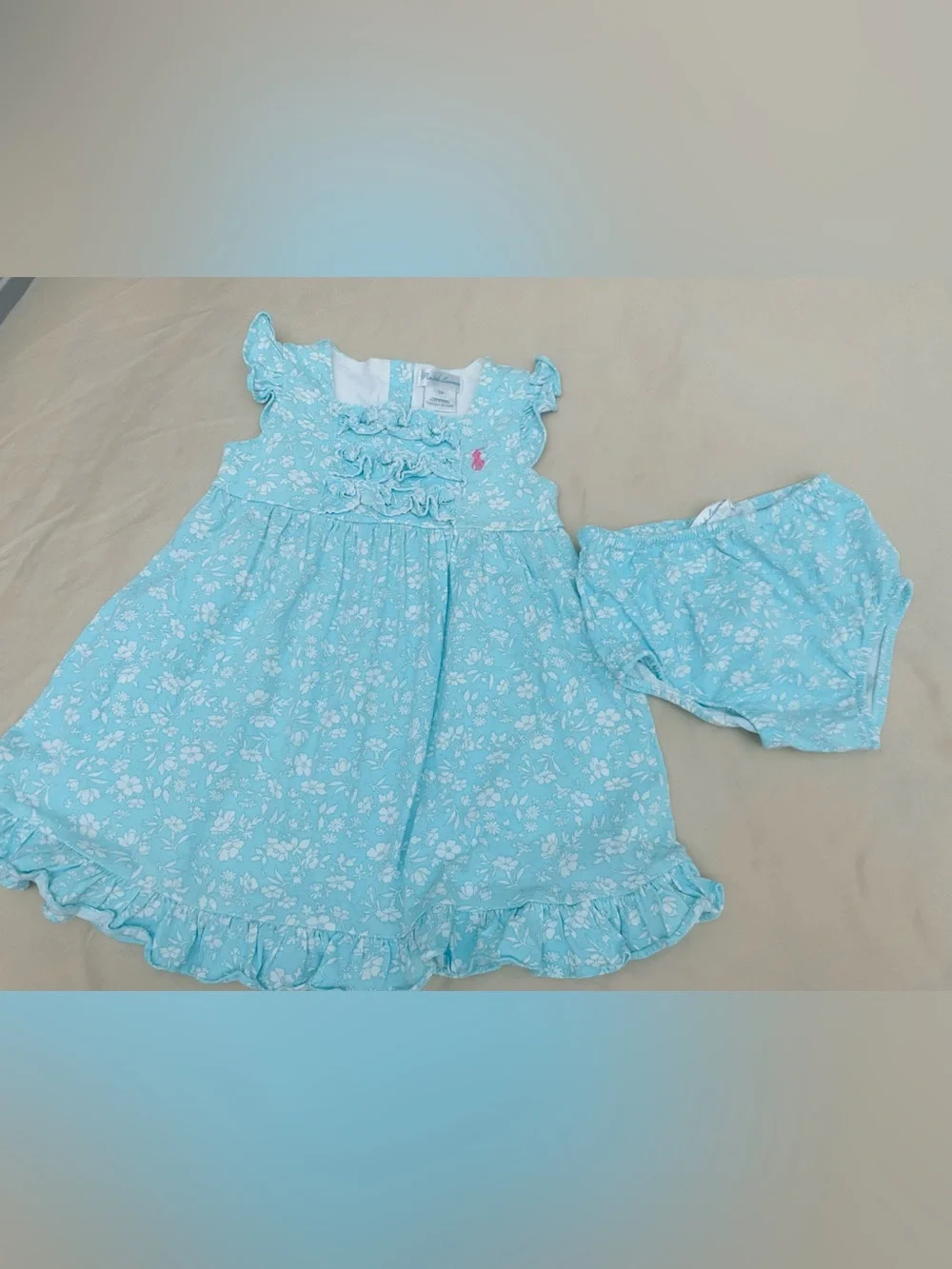 Ralph Lauren Aqua Floral Ruffle Baby Dress with Bloomers
